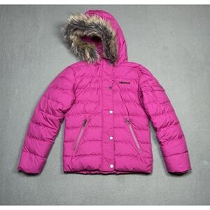 Marmot Down Puffer Jacket Pink Fur Hood Insulated Winter Coat Size Small